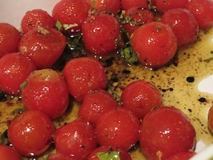 Cherry tomatoes in roasting pan