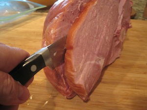 Cutting Ham for the ham pasta salad