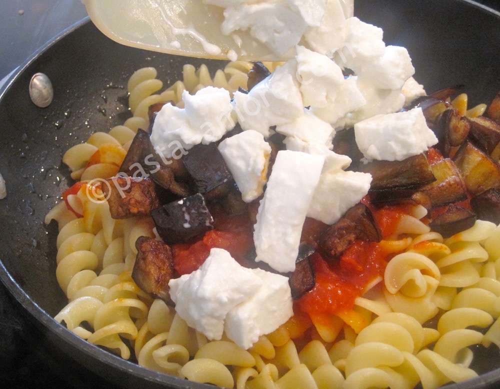 Eggplant pasta in pan